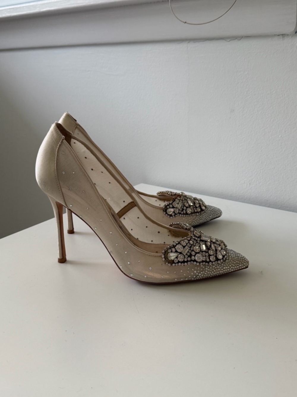 Badgley Mischka Champagne Nude Crystal Embellished Pointed Pumps